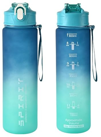 Xingdianfu Gourde de 800 ml avec paille, anti-fuite, marqueur de temps, pour le sport, le fitness, l'école, le yoga, l'extérieur, bleu