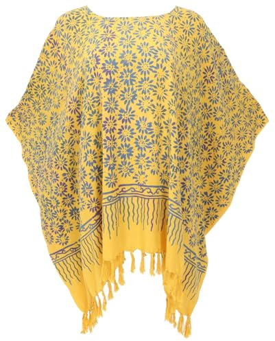 GURU SHOP Poncho, tunika, strandklänning, batik kaftan, dam överdimensionerad, gul, syntetisk, storlek: en storlek, GUL, one size