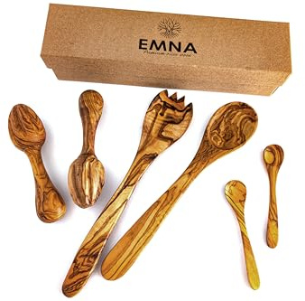 EMNA Coffret cadeau en bois d'olivier, accessoires de cuisine durables, couverts à salade faits à la main, presse-citron en bois, idée cadeau noble, cadeau de Noël, cadeau d'anniversaire pour femmes