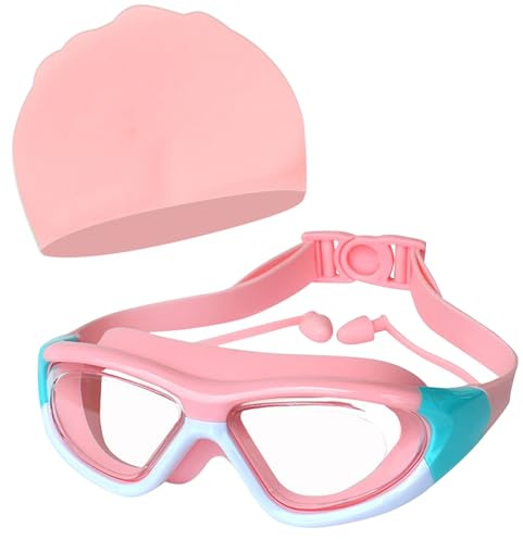 EDLMKM Kids Swimming Goggles 4-16 Years, With Silicone Swim Cap, Wide Vision, Anti-Fog, No Leaking, Soft Silicone Clear Vision Adjustable Uv Protection Swimming Goggles With Ear Plug For Boys Girls