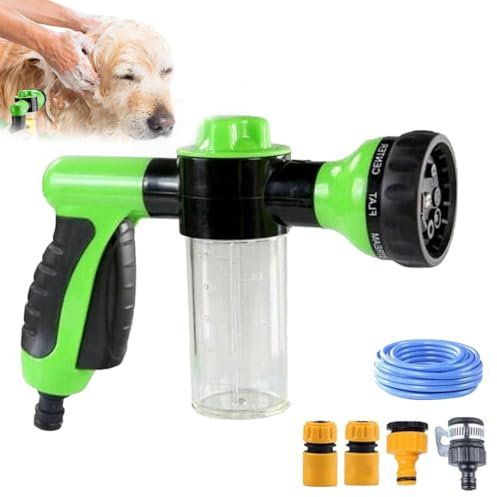 Pet Shower Jet, Dog Washing Hose Attachment for Outside, Dog Shampoo Sprayer 8-in-1 Sprayer Mode Garden Hose Nozzle with 3.5oz Soap Dispenser, 10m Water Pipe for Watering Flowers, Car Washing (Green)