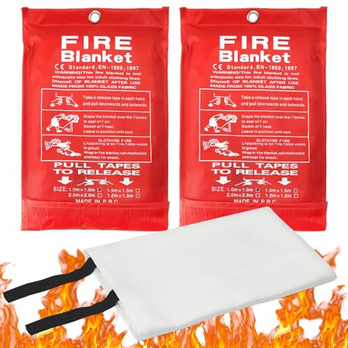 UOCAI 2 Pezzi Coperta Antincendio Coperta Ignifuga, Coperta Antifiamma Fire Blanket Tessuto Ignifugo Ignifuga in Fibra di Vetro- per Cucina, Casa, Roulotte, Scuola, Camino, Ufficio 1m X 1m