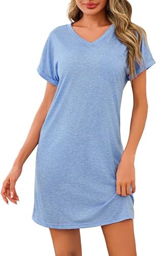 Leversic Nattlinne för kvinnor med kort ärm med rund hals pullover t-shirtklänning hemmakläder mjuk, Ljusblå, L