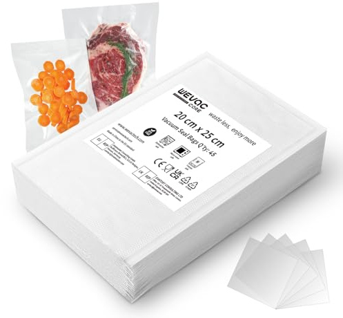 Wevac Core 45 Buste Sacchetti Sottovuoto per Alimenti 20 x 25 cm, Goffrati | Senza BPA, Senza Aria per Cibo più Fresco più a Lungo, Ideali per Conservazione Alimenti, Cottura Sous Vide e Microonde