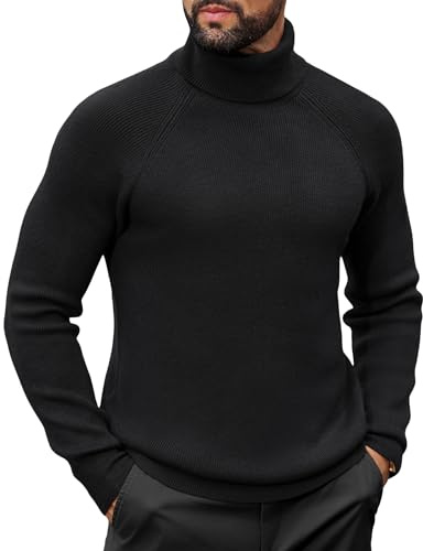 COOFANDY Mens Jumper Turtleneck Sweater Casual Twisted Knitted Pullover Sweaters Casual Basic Tops Ribbed Knit Pullover Black M