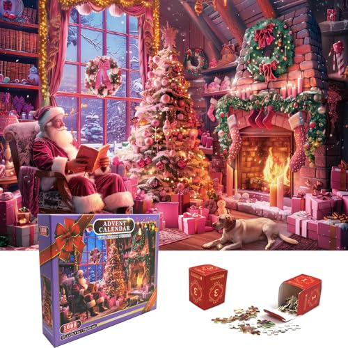 2025 Christmas Advent Calendar Jigsaw Puzzle, 24 Boxes Countdown to Christmas 1008 Pieces Holiday Puzzle Countdown Gift(Santa’s Home)