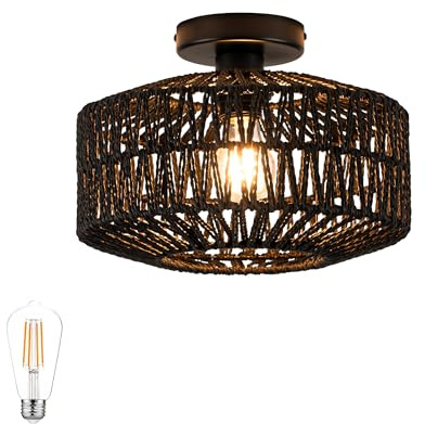 Adebime Boho Deckenleuchte Laternenform Ø30 cm Rattan Optik Metall, 800 Lumen Warmweiß (2700K), Vintage Deckenlampe für Flur Wohnzimmer Schlafzimmer, E27 Fassung inkl. 8W LED [Energieklasse E]