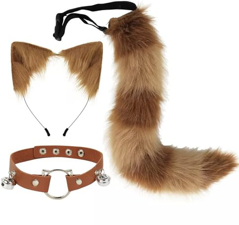 MLPKOI Kunstpelz Fuchsschwanz, Katzenohren Haarreif und Leder Halskette Set, Katzenkostüm Damen Erwachsener Set Flauschige Fuchs Accessoire für Halloween, Karneval, Kostümfest, Katze Cosplay