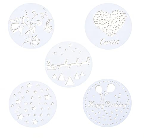 Tortenschablonen Set, 5-teilige Kuchen-Deko Schablonen für Zuckerpulver & Kakaopulver mit Weihnachts-, Geburtstags-, Blumen- und Liebes-Motiven, wiederverwendbare Backvorlagen (20x20 cm)