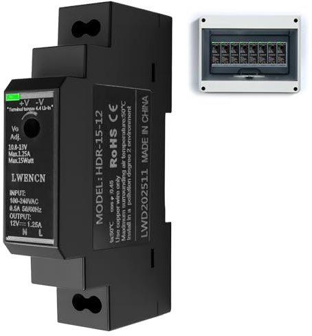 1PC Switching Power Supply 12V Ring Transformer Din Rail for Industrial Enclosure Box Case Dinrail Automation Equipment HDR 15W 12V 1.25A Universal for Ring Door Bell System and More AC100V-240V Black