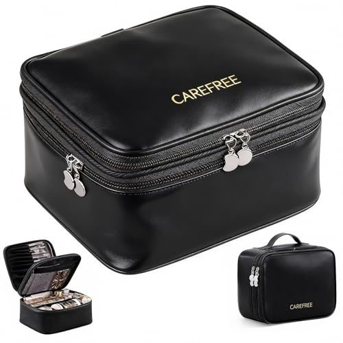 Kosmetiktasche Damen, Große Kulturtasche Damen mit Griff, Reise Kosmetik Organizer Tasche wasserdichte Schminktasche, Groß Make Up Tasche Reise Kosmetikkoffer mit Make-up Pinsel Fach (Schwarz)