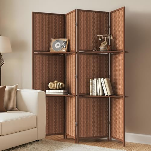 Bamboo Room Divider with Shelves, Natural Privacy Screen with Storage Board, 4-Panel Asian Style Folding Partition for Bedroom, 67 H x 64 W