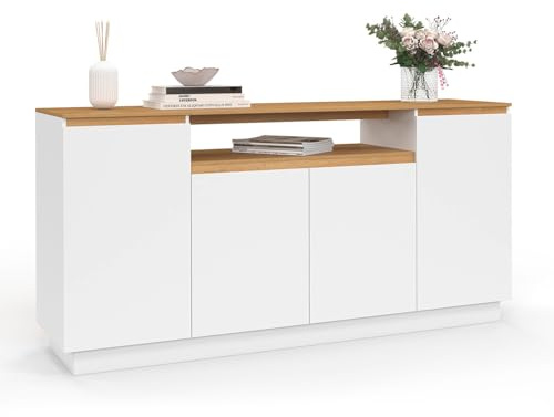 IDMarket - Buffet 160 cm Serena Blanc et Plateau Effet Bois