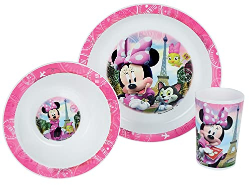 FUN HOUSE 005471 Disney Minnie Ensemble Repas Contenant 1 Assiette, 1 Bol et 1 Verre pour Enfant Polypropylène Rose 26.5x8.5x24.5 cm