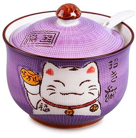 Ceramics Japanese Maneki Neko Lucky Cat Sugar Salt Pepper Storage Jar with Lid And Spoon