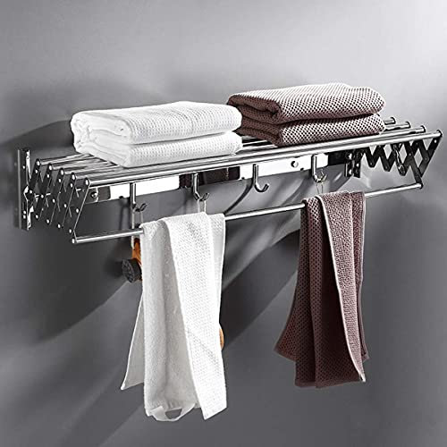 Wall Mounted Clothes Rail Airer with Hooks Stainless Steel Folding Space Saver in Laundry Balcony Bathroom Easy to Install Maximum Load 35kg Metallic Silver