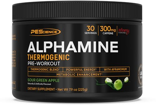 PEScience Alphamine Thermogenic Pre Workout, Fat Burner Pre Workout Energy Powder with L-Carnitine, Sour Green Apple, 60 Scoops