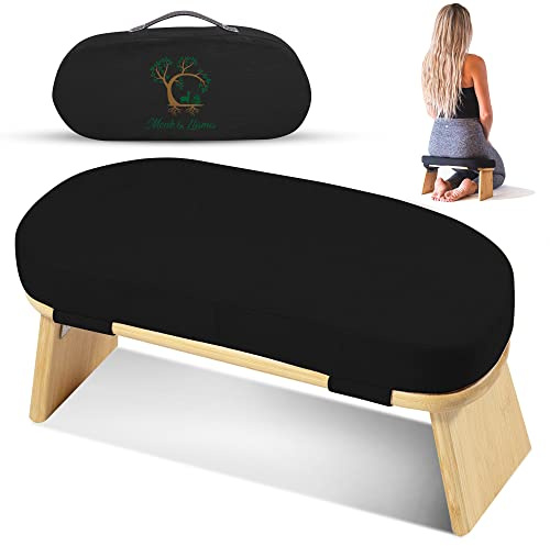 MONK & LLAMA Meditation Bench - Kneeling Bamboo Bench with Foldable Legs & Cushion — Perfect Kneeling Stool Ergonomic Bamboo Yoga Bench for Extended Practice - Includes Carrying Bag (Black)