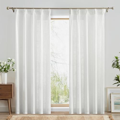 Fmfunctex White Rod Pocket Sheer Curtains for Living Room 90 Drop Linen Textured Pleated Curtains for Bedroom Semi Sheer Light Filtering Window Curtain Drapes for Dining Room 2 Panels