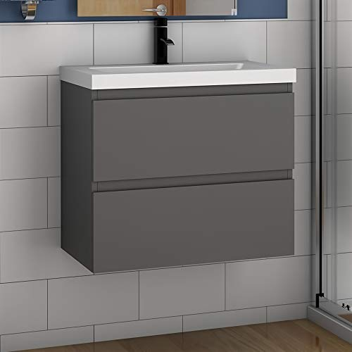 Aica Sanitär Waschtisch mit Unterschrank 50 cm Badmöbel Set mit Waschbecken Mineralguss Gäste WC Anthrazit Matt