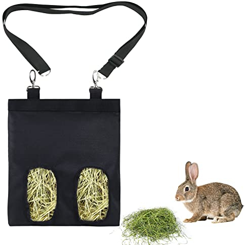 1 Stück Kaninchenheufutterbeutel und 1 Stück Verstellgurt, Kaninchenfutterautomat, Hamster-Meerschweinchen-Heu-Aufbewahrungstasche, Futterbeutel für kleine Haustiere ?Schwarz?