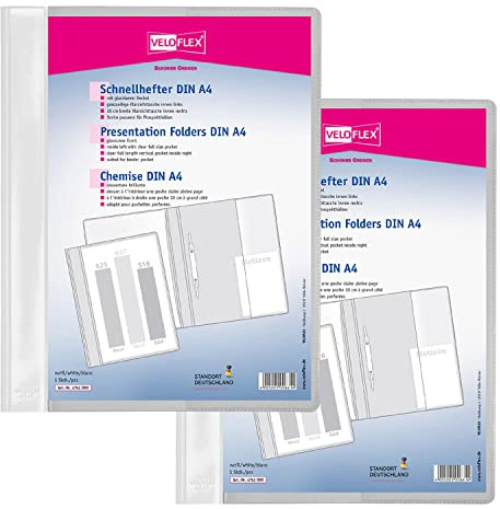 VELOFLEX A474109 – Snabb häftapparat VELOFORM, 2 stycken, DIN A4, vit, PVC, kristallklart framlock, lämplig för broschyrfickor