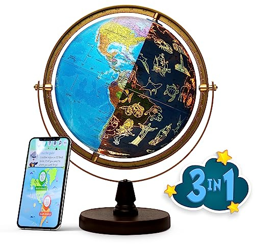 SJSMARTGLOBE WORLD LANDMARK GLOBE - Interactive APP & LED Illuminated Landmarks at Night, US-Patented STEM education 10 World Globe with Detailed map