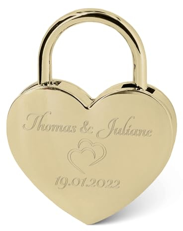 GRAVURZEILE Herzschloss mit Gravur - Personalisiertes Schloss in Gold mit Herzschlüssel - Personalisiert mit Namen & Datum - Geschenkidee zum Valentinstag - Geschenk für Sie & Ihn - Gold