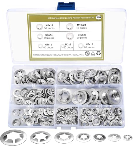 Set di 340 Rondelle di Bloccaggio, Rondelle di Serraggio con Denti Interni, Anelli di Sicurezza con Fermo Rapido, Kit Assortito - M3/M4/M5/M6/M8/M10/M12, Colore Argento