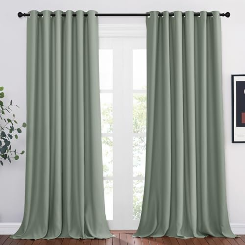 Pony Dance Décoration Rideaux de Fenêtre - Rideau Occultant Salon avec Oeillets Prêt à Poser Draperies Lumineux Bloquer pour Maison Chambre, L 200 x H 245 cm, Sauge Vert, 2 Pièces