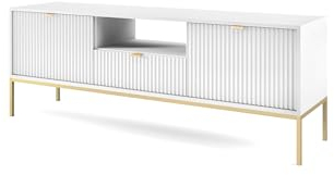 BETTSO - Nova RTV-154 - TV Schrank - Kommode - Mehrzweckschrank - Tv Ständer - mit Schublade 2 Türen - Niedrig, Geriffelt - Wohnzimmer - Modern, Glamour - Weiß - mit goldenen Griffen