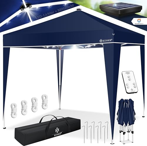 KESSER® Pavillon Faltpavillon 3x3m mit LED Beleuchtung | Pop-Up Gartenpavillon Höhenverstellbar Stabil Wasserdicht Winterfest | Partyzelt Festzelt UV-Schutz 50+ inkl. Fernbedienung & Tasche Navy Blau