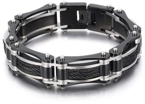 Wycian Armbänder für Herren Armspange, Edelstahl Armband für Damen Stahldraht Hanfseil Motorrad Link Breit 15mm Lang 21cm Schwarzes Silber