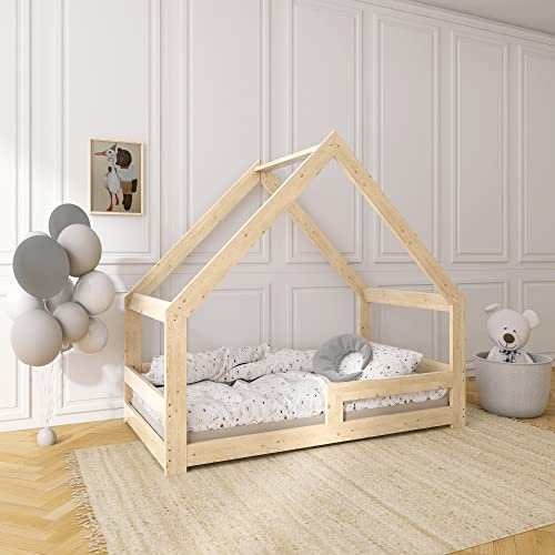 Need Sleep Kinder Kinder Bett Haus Haus Kinder Bett Bodentief 90x190 cm mit Rausfallschutz Lattenrost Boden Kinder Bett Montessori Kinder Bett ab 2 Jahre aus Holz Mädchen Junge Symmetrisch
