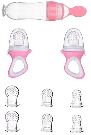 MoCho® Baby Fruchtsauger, Obstschnuller, Schnuller zum Befüllen,Fütterungsflasche, Fruchtsauger 2 Stück, Ersatzsauger 8 Stück, Baby Geschenkset, Obst Schnuller Baby, BPA frei (Rosa)