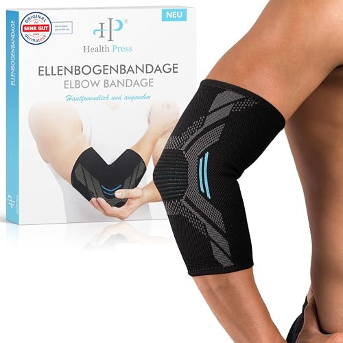 Health Press® Ellenbogenbandage – 1x Ellenbogen-Bandage, Gr. M – Ellenbogenstütze – Entlastung & Stabilisierung des Ellenbogengelenks – Profi Kompressionsbandage – Stützende Armbandage Rechts/Links