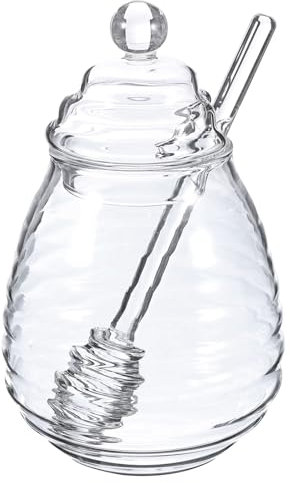 sourcing map Glass Honey Jar 10oz Honey Dispenser Glass Honey Pot Containers with Glass Dipper and Lid for Home Kitchen