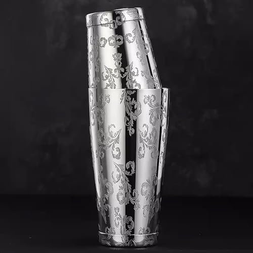 Juego de coctelera de acero inoxidable, diseño grabado, acero inoxidable 304, estilo Boston Shaker de 18 onzas y 28 onzas (peso plateado, hojas)