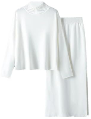 2-teiliges Strickset für Damen, Maxi-Rock, Trainingsanzüge, warmer Rollkragenpullover + langer, gerader Midi-Rock, zweiteiliges Set, W, Einheitsgröße