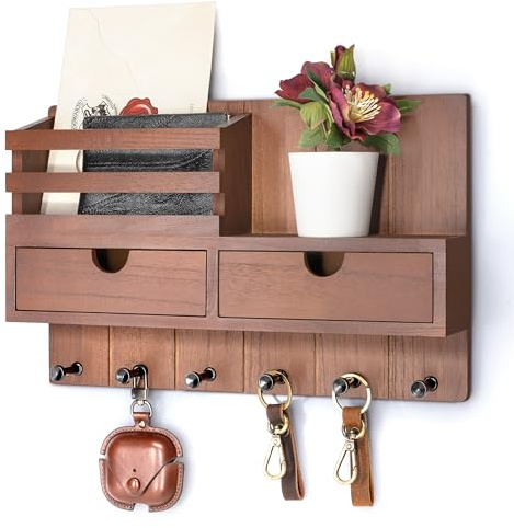 Rebee Vision Farmhouse Schlüsselhalter, Wandhalterung mit 2 Schubladen, dekorativer Post-Organizer für die Wand mit 6 Schlüsselhaken, ideales Wohnungszubehör für Raumdekoration, ästhetisch (Rustic