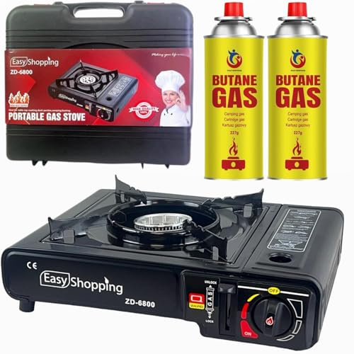 Easy Shopping® Portable Gas Stove Camping Gas Cooker Stove Burner Caravan Outdoor BBQ Party with TWO Butane Gas Canister and Stove comes with Carry Case