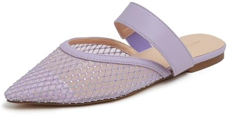 BREEZE NOUTHERLY dammode nätmules slip on rygglösa glidskläpp platt spetsigt nät, Lila strass, 37 EU