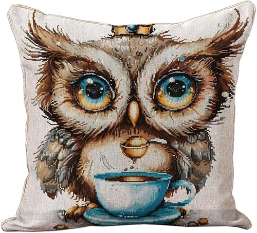 AxiangziK kreuzstich kissen set vorgedruckt,Süße Eule trinkt Kaffee,Stickset 11CT Kreuzstich Kissen zum Basteln Stickkissen Stickpackung,45x45cm