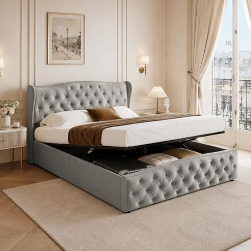 Fofetbfo Sängsäng, 160 x 200, dubbelsäng med sänglåda, bubbelsäng, ungdomssäng, med ribbotten och vadderad sänggavel, platt säng, gästsäng, linne, beige, utan madrass (grå C, 160 x 200 cm)