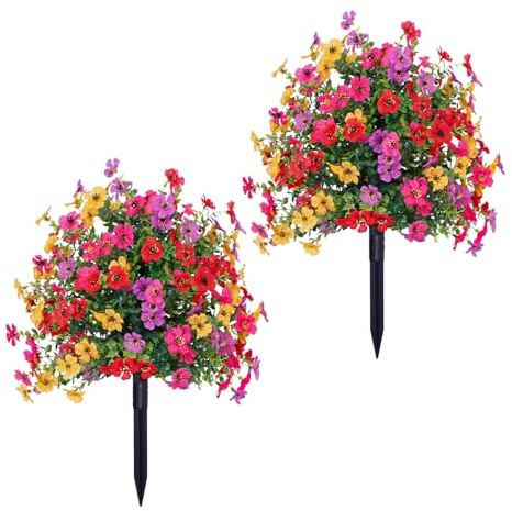 Artificial Flowers with Ground Spikes,Garden Stake Faux Greenery Shrubs Garden Accessories 22 for Farmhouse Outdoor Outside Garden Porch Patio Wedding Party Decoration A 2pcs
