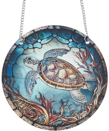 CREATCABIN Atrapasueños de Tortuga, Colgante de Ventana de Acrílico, Panel de Ventana de Vidrio, Decoración de Tortuga Marina, Arte Redondo, Atrapasol con Cadena de Hierro para Colgar, Adorno de Jardí