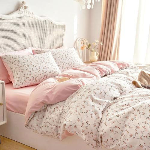 Lanqinglv Juego de ropa de cama de 135 x 200 cm, 4 piezas, color rosa y blanco, diseño de hojas, flores, plantas, reversible, juego de ropa de cama de microfibra Renforce, 2 fundas nórdicas con