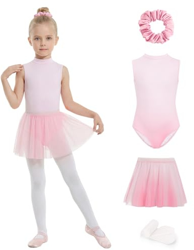 JiAmy Girls Ballet Leotards 4 Pcs with Removable Skirt Gradient Color Dance Dress Outfits Combo Tights Scrunchy 11-12Y,Pink