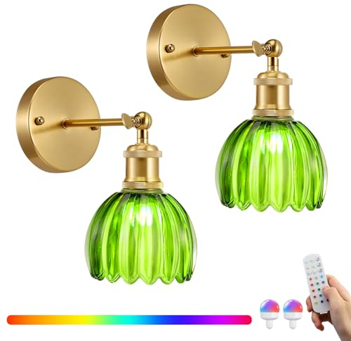 HuuppHip 2PCS Battery Operated Wall Lights, Vintage Rechargeable Wall Sconce with Detachable Charging Bulbs and Remote Dimmable Wireless Walllights with 3 Color Temperatures & 15 Colors RGB