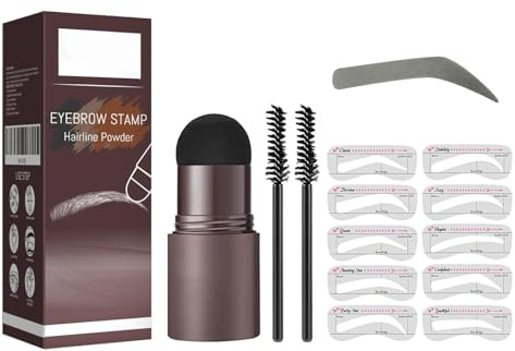 Eyebrow Stencil Kit, Eyebrow Stamp, Eye Brow Shaper with 10 Reusable Eyebrow Stencils ＆ 2 Eyebrow Pen Brushes, Professional Waterproof Brow Powder Stamp, 3 in 1 Hairline Shadow Powder (Dark Grey)
